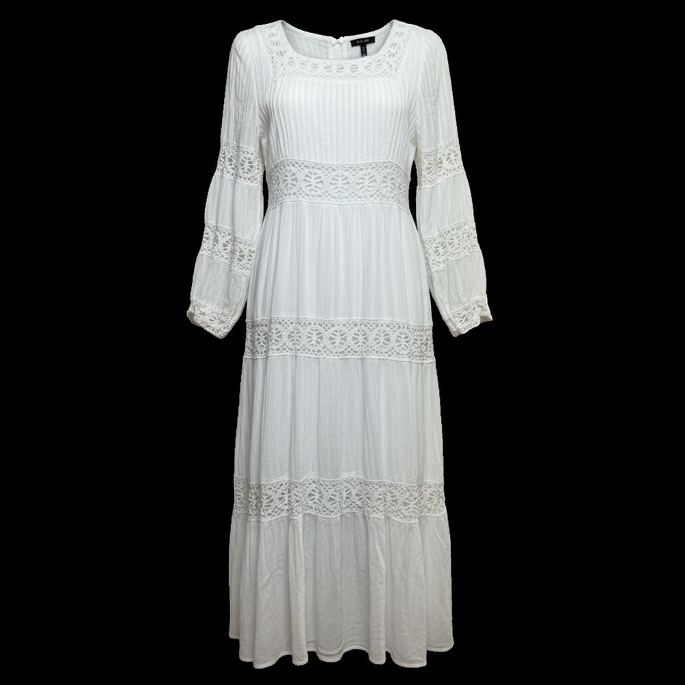 Spenser Jeremy White Crochet Lace Long Sleeve Tiered Midi Dress Boho Cottage 8